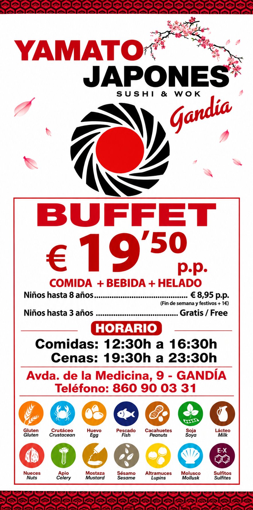 Carta de Yamato Gandía, página 1: portada con precio del buffet, horario y Nigiri, Maki y Temaki