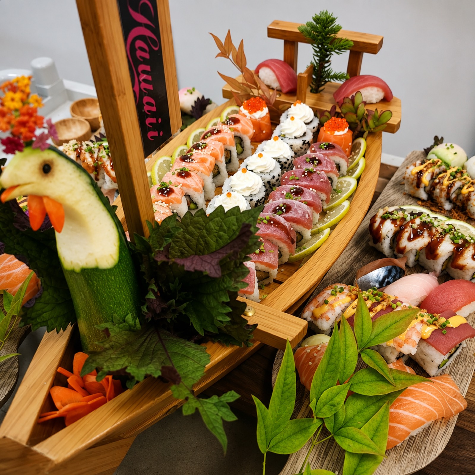 Presentación de sushi sobre una barca decorativa de madera, con guarniciones y flores
