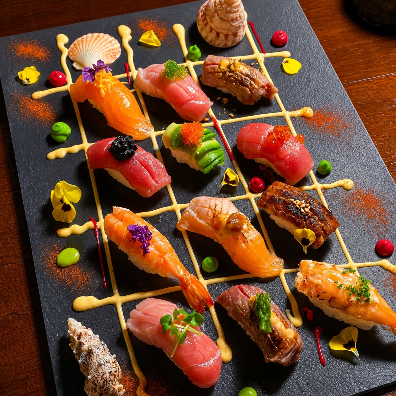 Nigiri variado servido con una presentación artística sobre pizarra