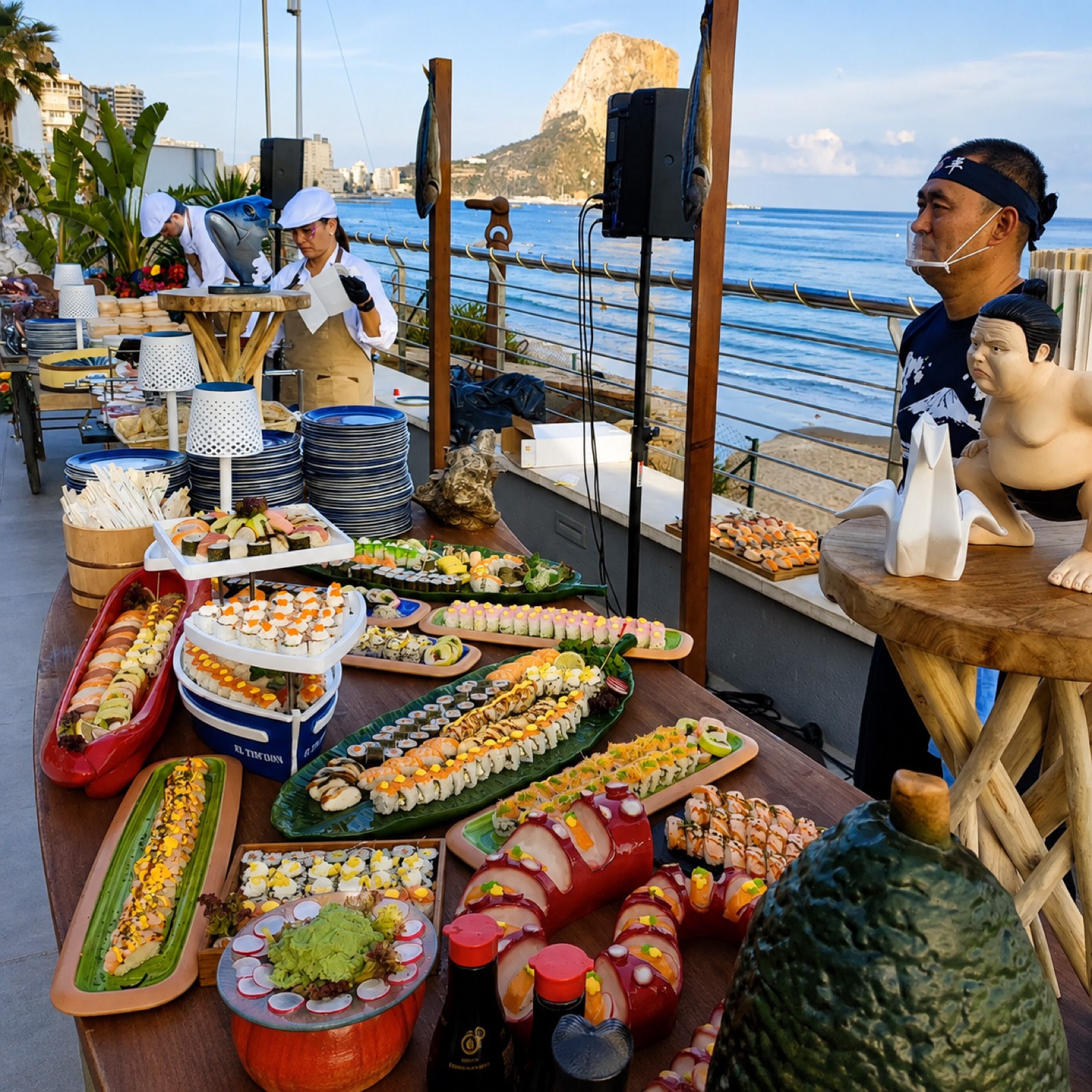 El señor Li en un evento de catering junto al mar, con una gran mesa de sushi montada frente a la playa