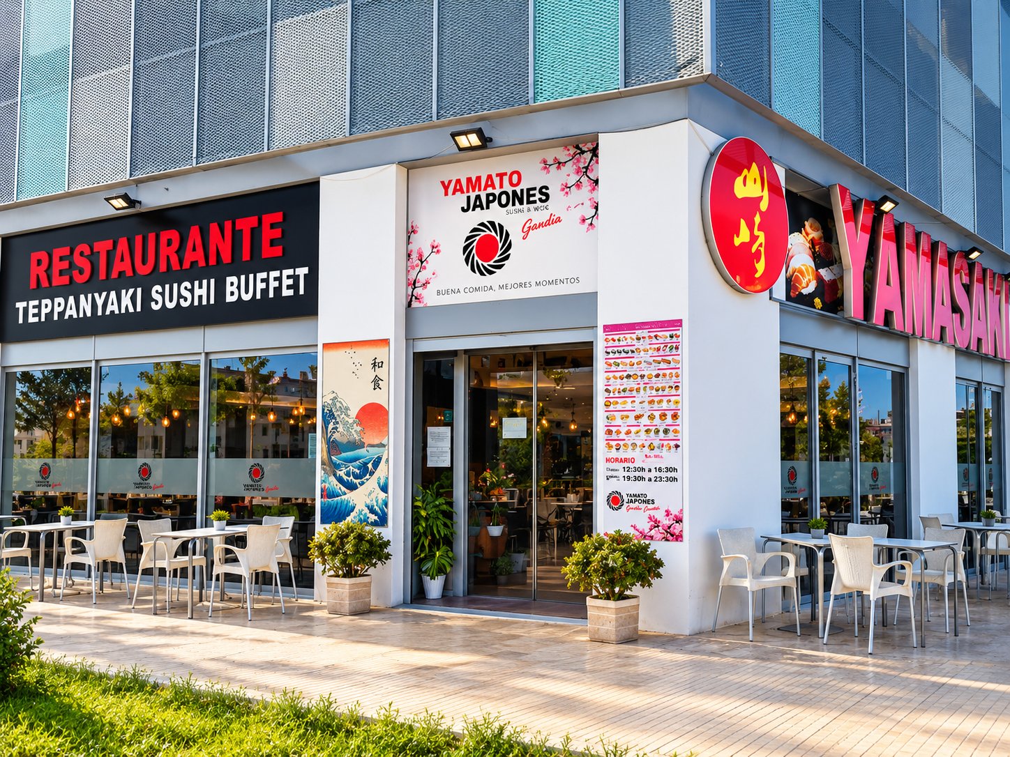 Fachada de Yamato Gandía, con la terraza y el rótulo del restaurante