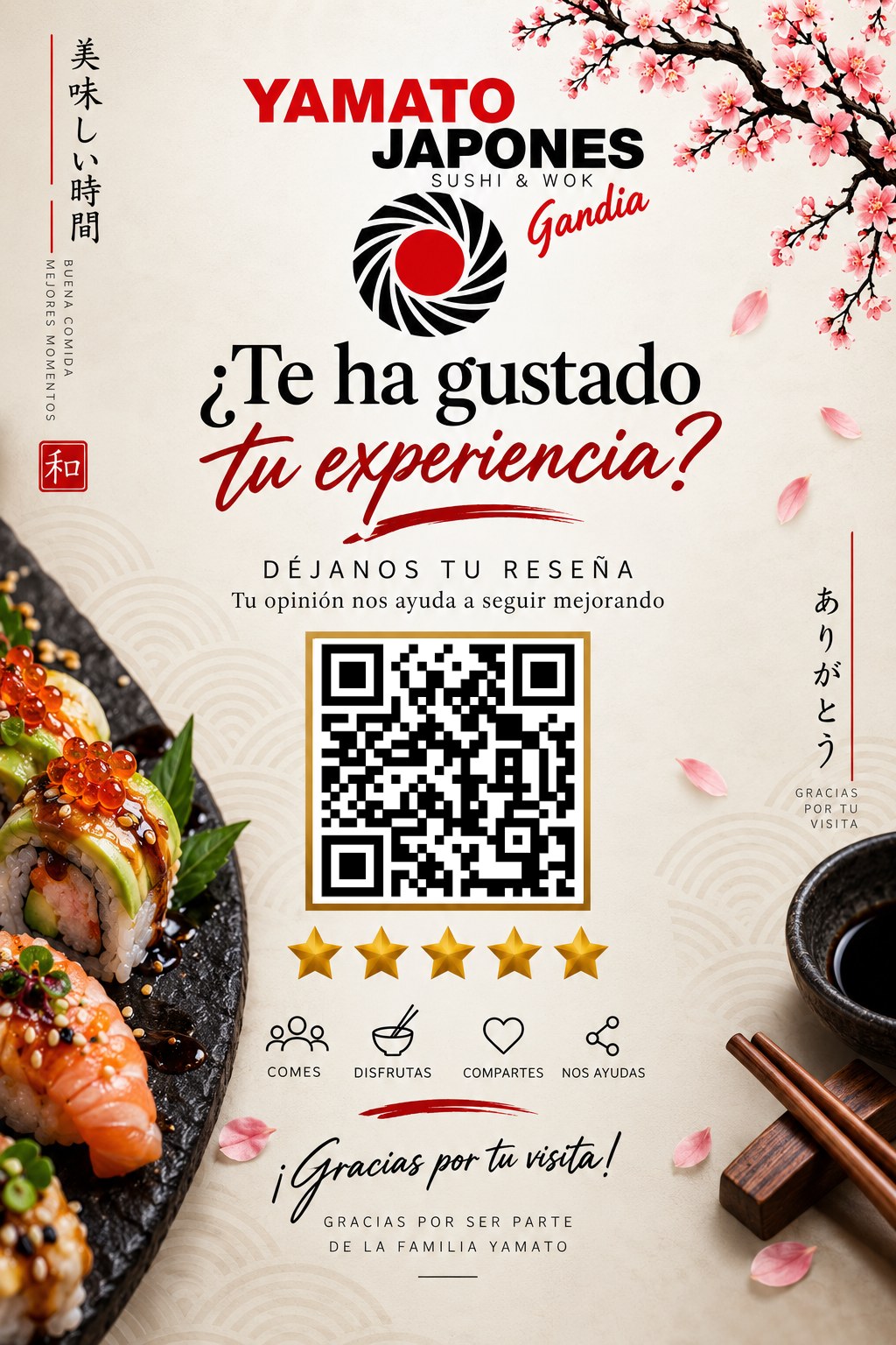 Tarjeta de Yamato Gandía invitando a dejar una reseña en Google, con código QR de acceso directo